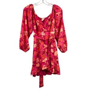 Showpo Off Shoulder Surplice Belted Mini Dress Pink/Orange Floral Size 4 New